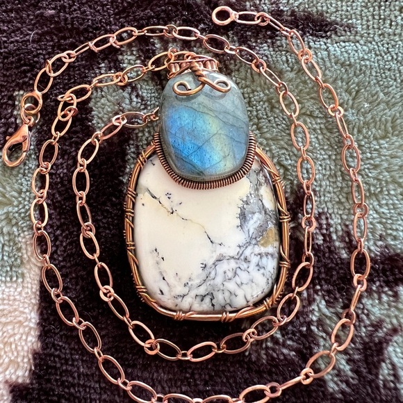 ❤️ Large Dendrite Opal & Howlite Copper Wire Pendant & Paperclip Chain - Picture 1 of 12